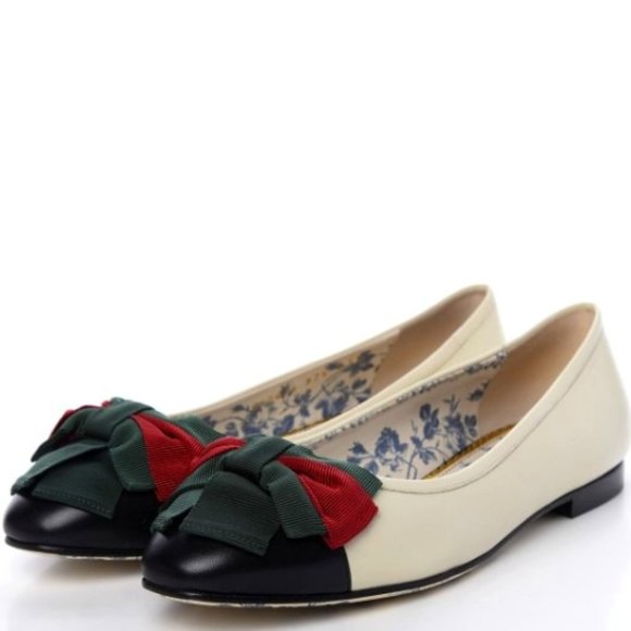 New Authentic Gucci Ivory Sylvie Green & Red Web Bow Flats - Picture 6 of 6